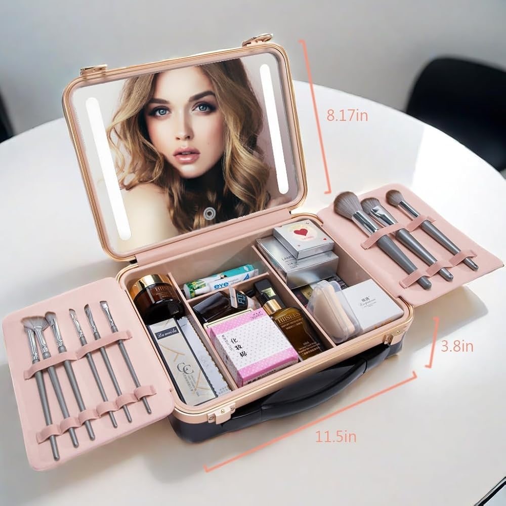 Black & Gold Makeup Case LED Lighted Mirror Portable Travel Makeup Organizer - Picture 4 of 10